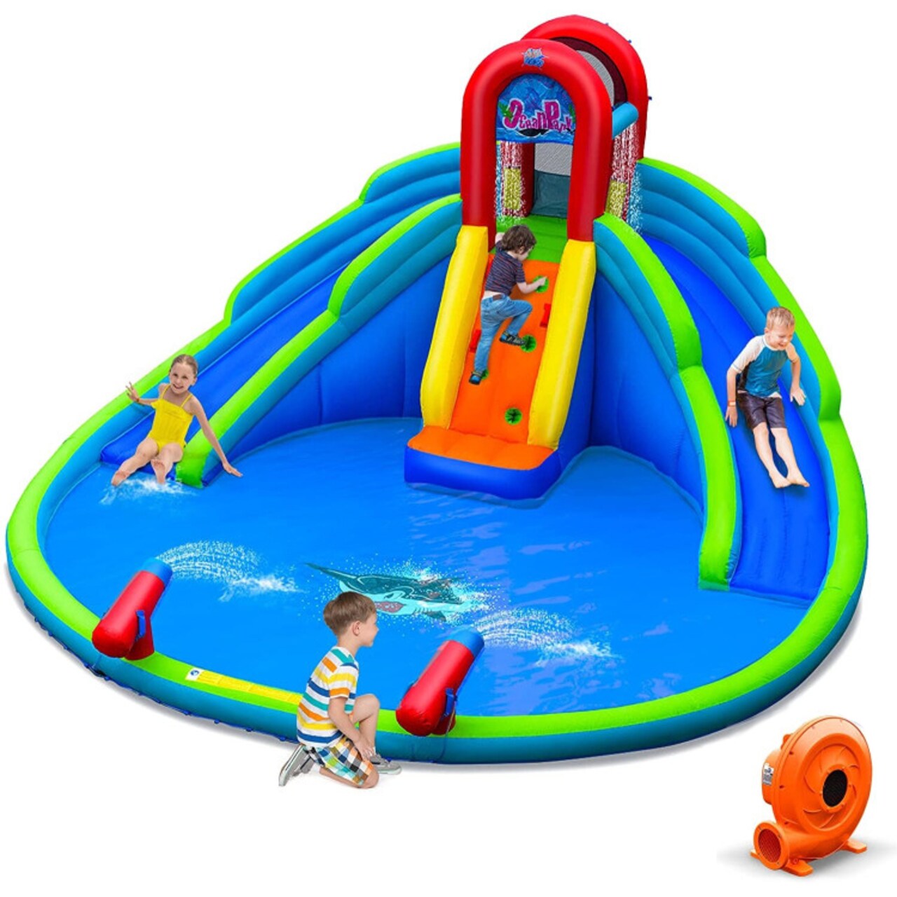 Blue Inflatable Bounce Castle With Water Slides Climbing Wall Splash Pool For Kids